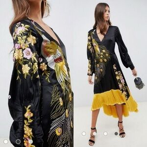ASOS Black and Yellow Cocktail Fringe Embroidered Kimono Wrap Dress